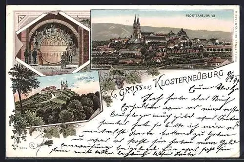 Lithographie Klosterneuburg, Ortsansicht mit Leopoldsberg und Stiftskeller