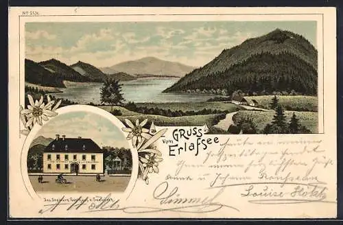 Lithographie Mariazell, Blick auf Erlafsee, Gasthaus z. Seewirth