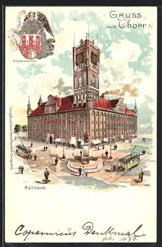 Lithographie Thorn / Torun, Rathaus mit Strassenbahnen, Stadtwappen