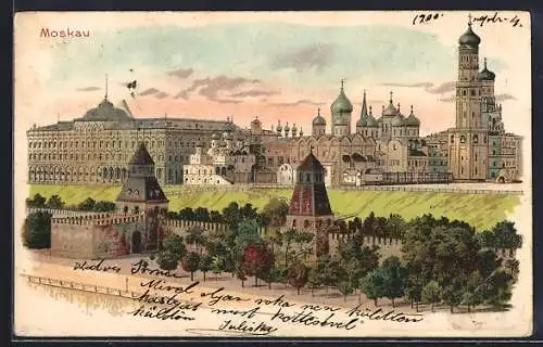 Lithographie Moskau, Blick auf den Kreml