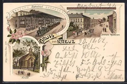 Lithographie Kreuz, Strehses Restaurant, Kirche, Bahnhof von der Gleisseite