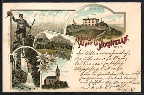 Lithographie Hochfelln-Haus, Hochfelln-Kirchlein, Brünling-Alm