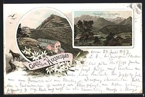 Lithographie Herzogstand Berghütte und Heimgarten in den Alpen