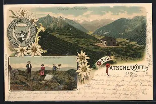 Lithographie Patscherkofel, Schutzhaus, Bergsteiger auf der Patscherkofel Spitz