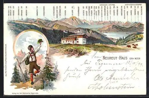 Lithographie Neureut-Haus, Berghütte mit Wallberg, Schinder und Hirschberg, Wanderer mit Hacke