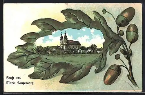 Lithographie Maria Lanzendorf, Blick auf die Kirche, Eichenblatt-Passepartout