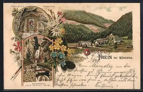 Lithographie Frein b. Mürzsteg, Wasserfall zum todten Weib, Totalansicht