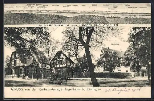 AK Esslingen / Neckar, Kurhaus-Anlage, Alb-Panorama von Jägerhaus, Försterhaus, Pferdefuhrwerk