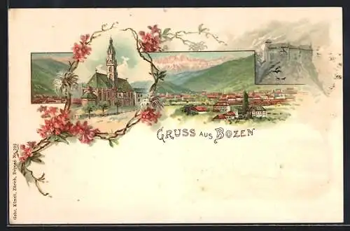 Lithographie Bozen, Schloss, Kirche, Teilansicht