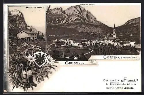 Lithographie Cortina d`Ampezzo, Ortsansicht gegen Sorapis, Falzareco Ospizio