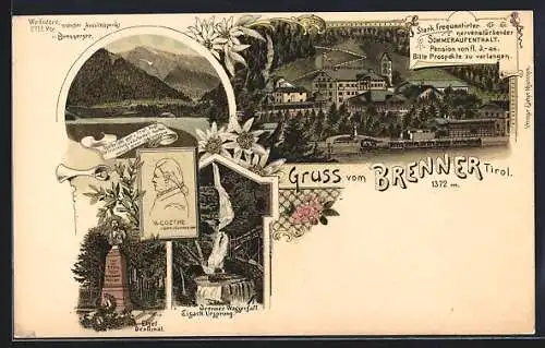 Lithographie Brenner, Teilansicht mit Kurhotel, Etzel Denkmal