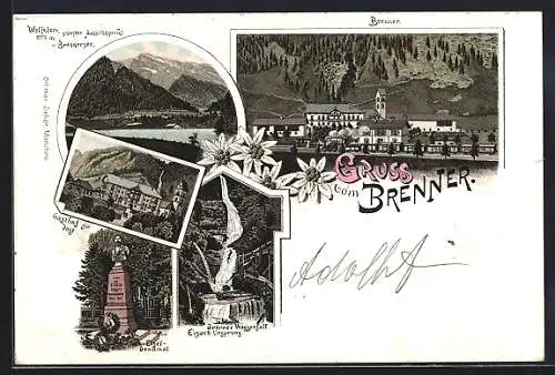 Lithographie Brenner, Ortsansicht, Blick auf den Brennersee, Etzeldenkmal & Gasthof zur Post