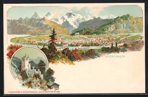 Lithographie Interlaken, Blick zur Burg, Gesamtansicht