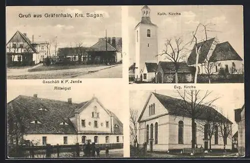 AK Gräfenhain, Geschäft von P. Jende, Rittergut, Kath. Kirche