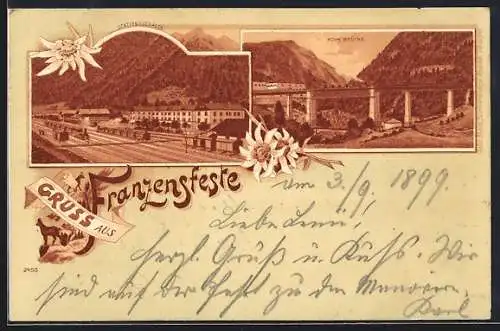 Lithographie Franzensfeste, Bahnhof von der Gleisseite, Hohe Brücke, Edelweiss