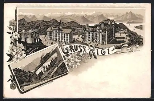 Lithographie Rigi, Hotel aus der Vogelschau, Eisenbahn auf der Schnurtobelbrücke