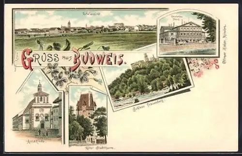 Lithographie Budweis, Totalansicht, Annakirche, Alter Stadtturm, Deutsches Haus und Schloss Frauenberg