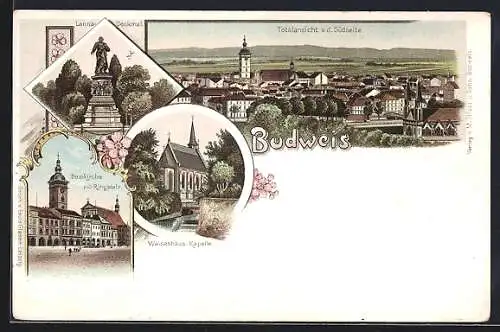 Lithographie Budweis, Waisenhaus-Kapelle, Domkirche mit Ringplatz, Lanna-Denkmal, Totalansicht