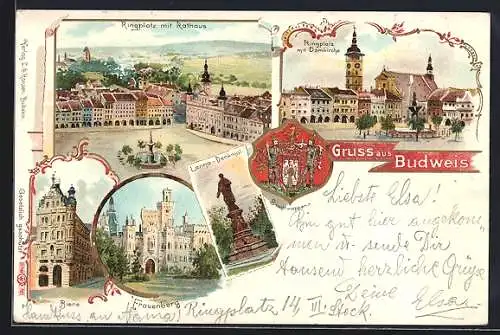 Lithographie Budweis / Ceske Budejovice, Ringplatz mit Rathaus Domkirche Lanna-Denkmal Frauenberg