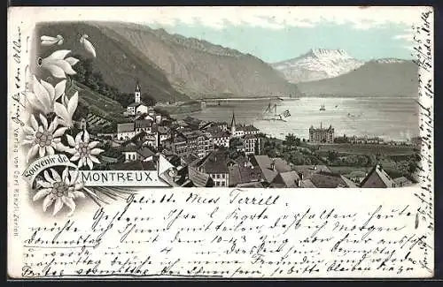 Lithographie Montreux, Panorama mit See