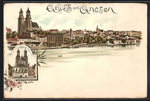 Lithographie Gnesen / Gniezno, Ansicht vom Dom, Panorama der Innenstadt