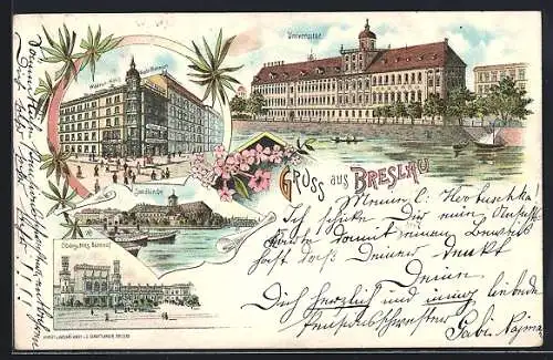 Lithographie Breslau, Warenhaus Gebrüder Barasch, Oberschles. Bahnhof, Universität, Sandkirche