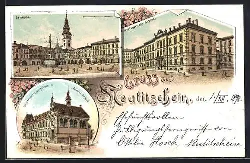 Lithographie Neutitschein, Kreisgerichtsgebäude, Bürgerversorgungshaus und Andreaskapelle