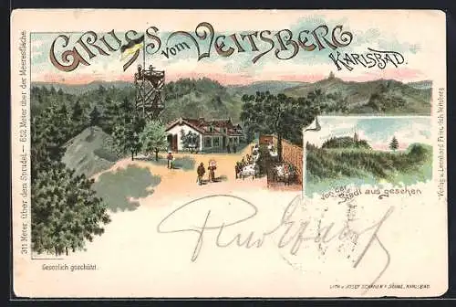 Lithographie Karlsbad, Gasthaus auf dem Veitsberg mit Besuchern