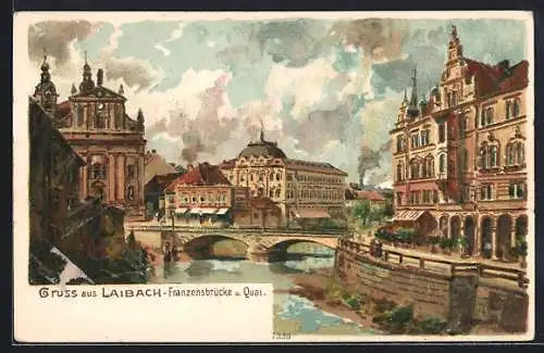 Lithographie Laibach, Franzensbrücke und Quai