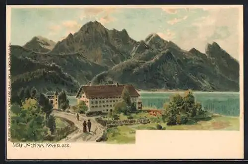 Künstler-AK Edward Theodore Compton unsign.: Kochel am See, Hotel Neu-Joch, Bergpanorama