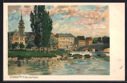 Künstler-AK Fritz Bergen: Stuttgart-Cannstatt, Blick auf die Altstadt mit Brücke