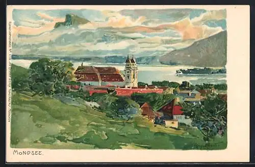 Künstler-AK Mondsee, Panorama mit Kirche, See & Bergen