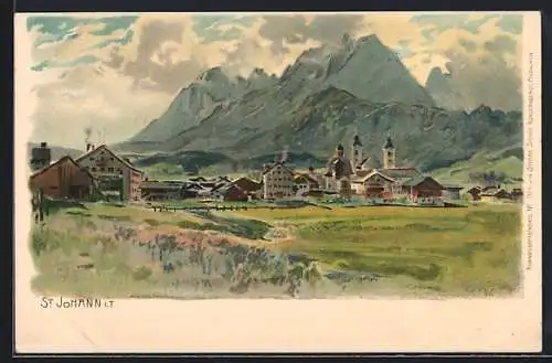 Künstler-AK Edward Theodore Compton unsign.: St. Johann i. T., Panoramablick auf Ort und Berge