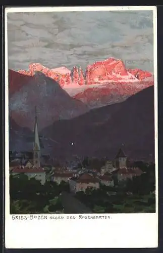 Künstler-AK Zeno Diemer: Gries-Bozen, Totalansicht gegen den Rosengarten