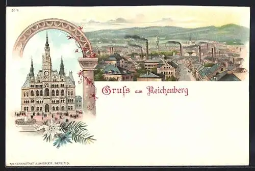 Lithographie Reichenberg / Liberec, Celkový pohled, Radnice