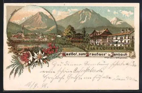 Lithographie Jenbach, Gasthof zum Brauhaus, Ortsansicht mit Kirche