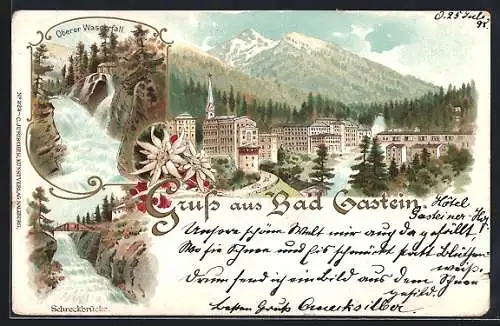 Lithographie Bad Gastein, Oberer Wasserfall, Schreckbrücke, Teilansicht