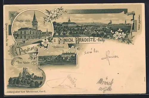 Lithographie Mnich. Hradiste, Mestska radnice, Hrad Valecov, Klaster n. J.