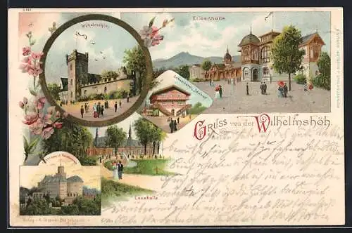 Lithographie Bad Salzbrunn, Elisenhalle, Wilhelmshöh, Schloss Fürstenstein