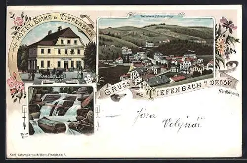 Lithographie Tiefenbach / Desse, Hotel Eiche, Ortsansicht, Dessefälle