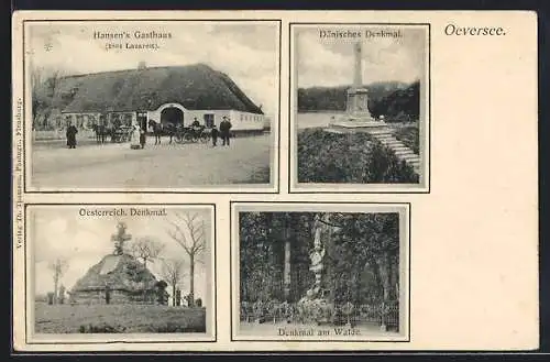 AK Oeversee, Hansens Gasthaus, Österreich-Denkmal, Dänisches Denkmal, Denkmal am Walde