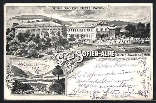 AK Wien XVII, Georg Groier`s Restauration auf der Sofien-Alpe, Blick gegen Wien vom Exelberg aus, Blumenverzierung