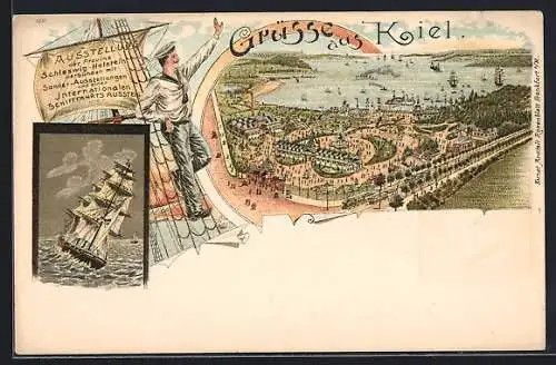 Lithographie Kiel, Ausstellung der Provinz Schleswig-Holstein verbunden mit Sonder-Ausstellungen, Ausstellungsgelände