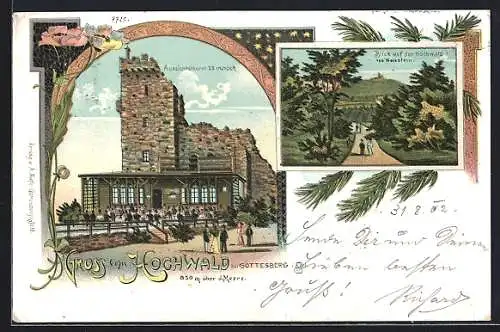 Lithographie Gottesberg, Aussichtsthurm und Restaurant auf dem Hochwald