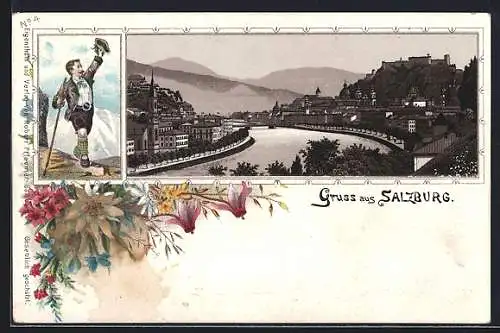 Lithographie Salzburg, Totalansicht aus der Vogelschau, Wanderer