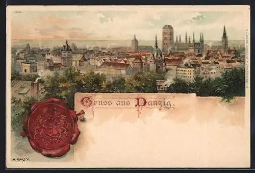 Lithographie Danzig / Gdansk, Blick über die Dächer der Stadt