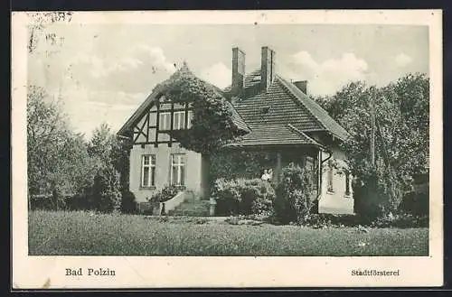 AK Bad Polzin, Stadtförsterei, Frau auf Terrasse