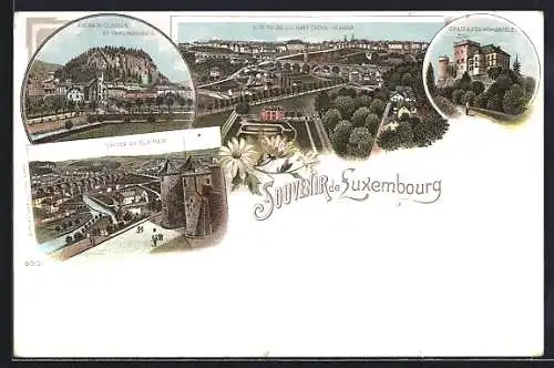 Lithographie Luxembourg, Clausen, Église et Parc Mansfeld, Chateau de Hohlenfelz, vue prise du Fort Trois-Glands