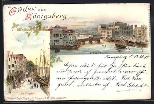 Lithographie Königsberg, Pregelpartie und Blick zur Börse