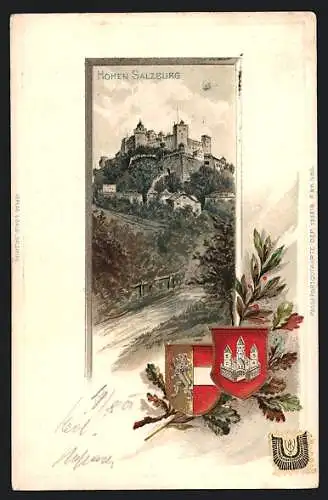 Lithographie Salzburg, Blick zur Feste Hohensalzburg, Wappen